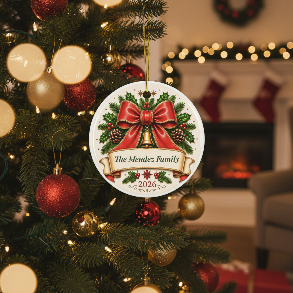 Ornament hanging on Christmas tree with warm golden lights
