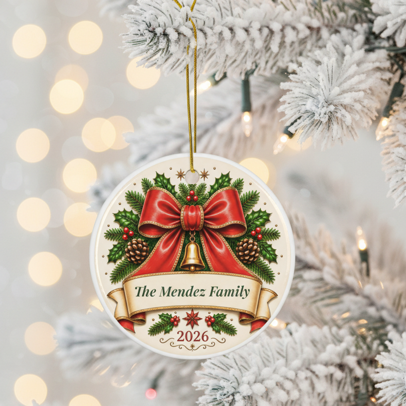 Ornament hanging on flocked white Christmas tree