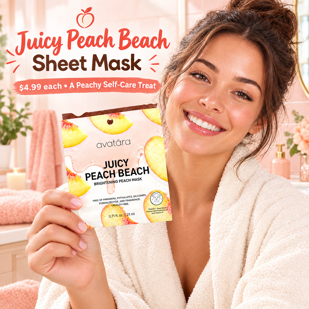 Woman holding one Avatara Juicy Peach Beach sheet mask with $4.99 each self-care text.