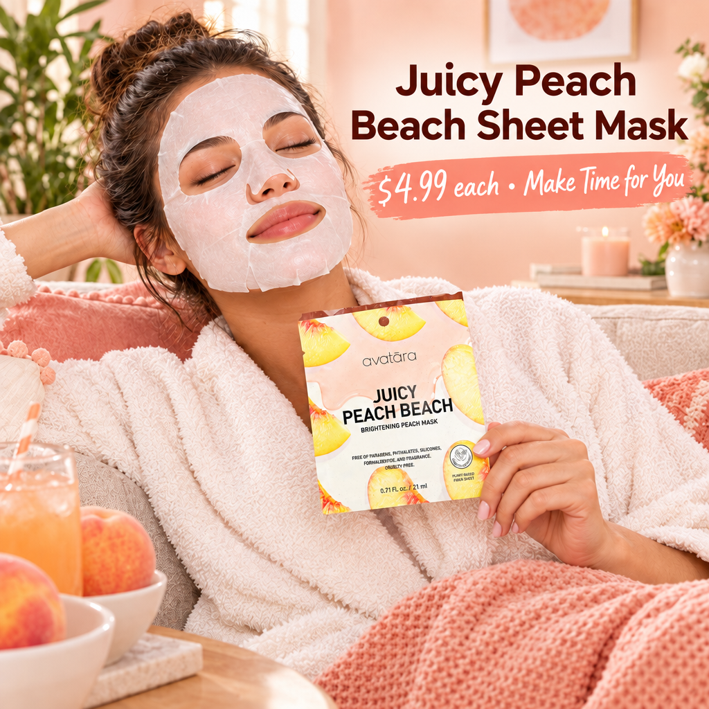 Woman relaxing with a peach sheet mask, holding one pouch with $4.99 each text.