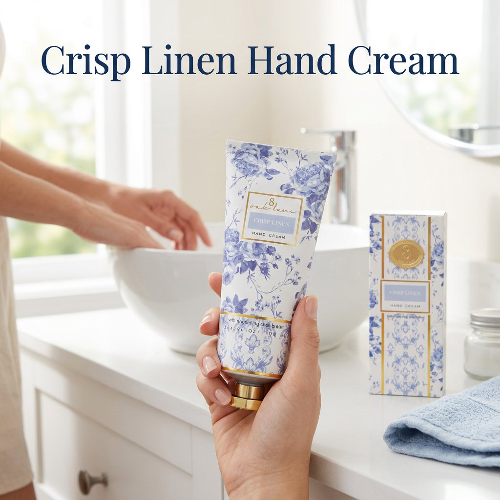 Crisp Linen Hand Cream during a morning hand-care routine