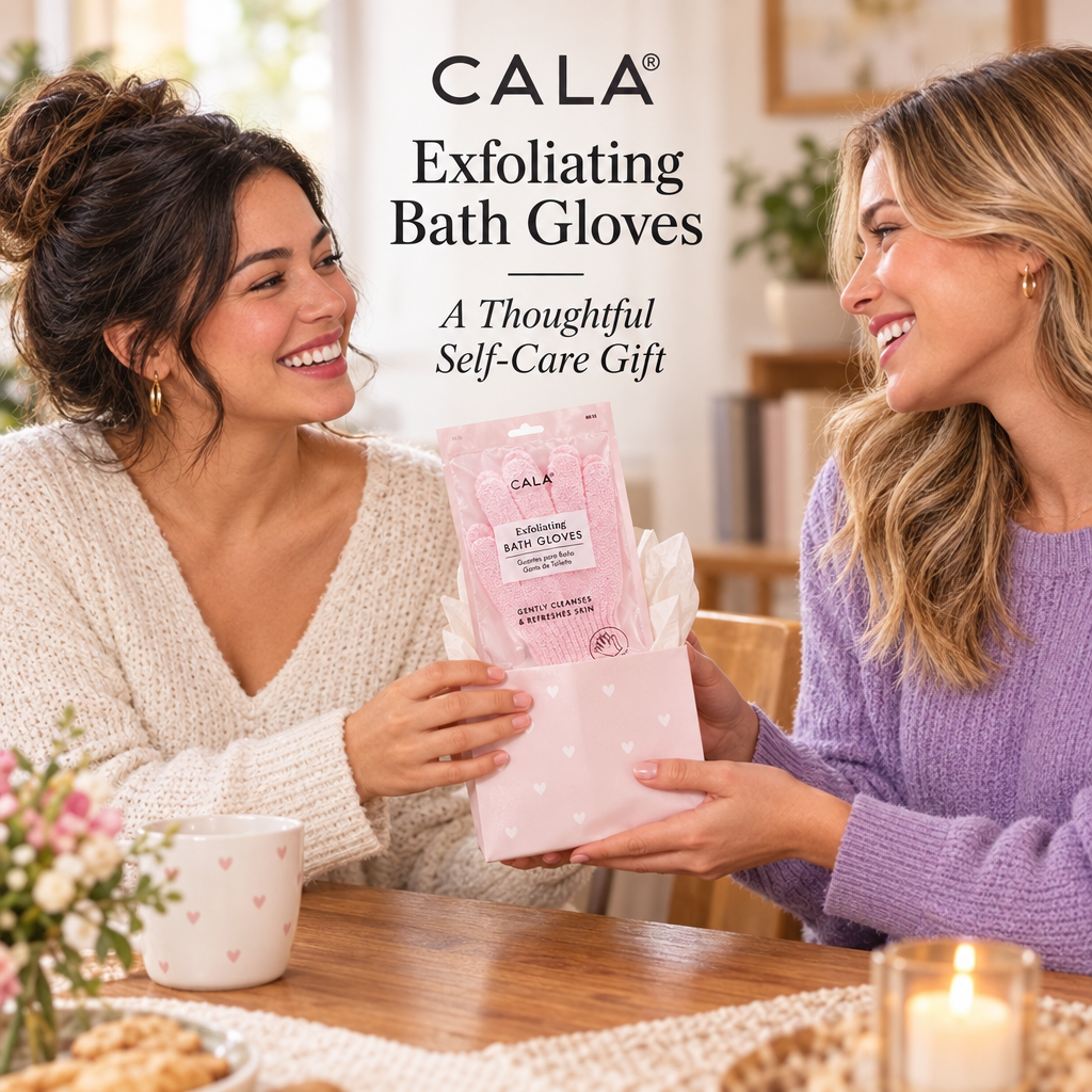 Friends exchanging CALA exfoliating bath gloves as a self-care gift.