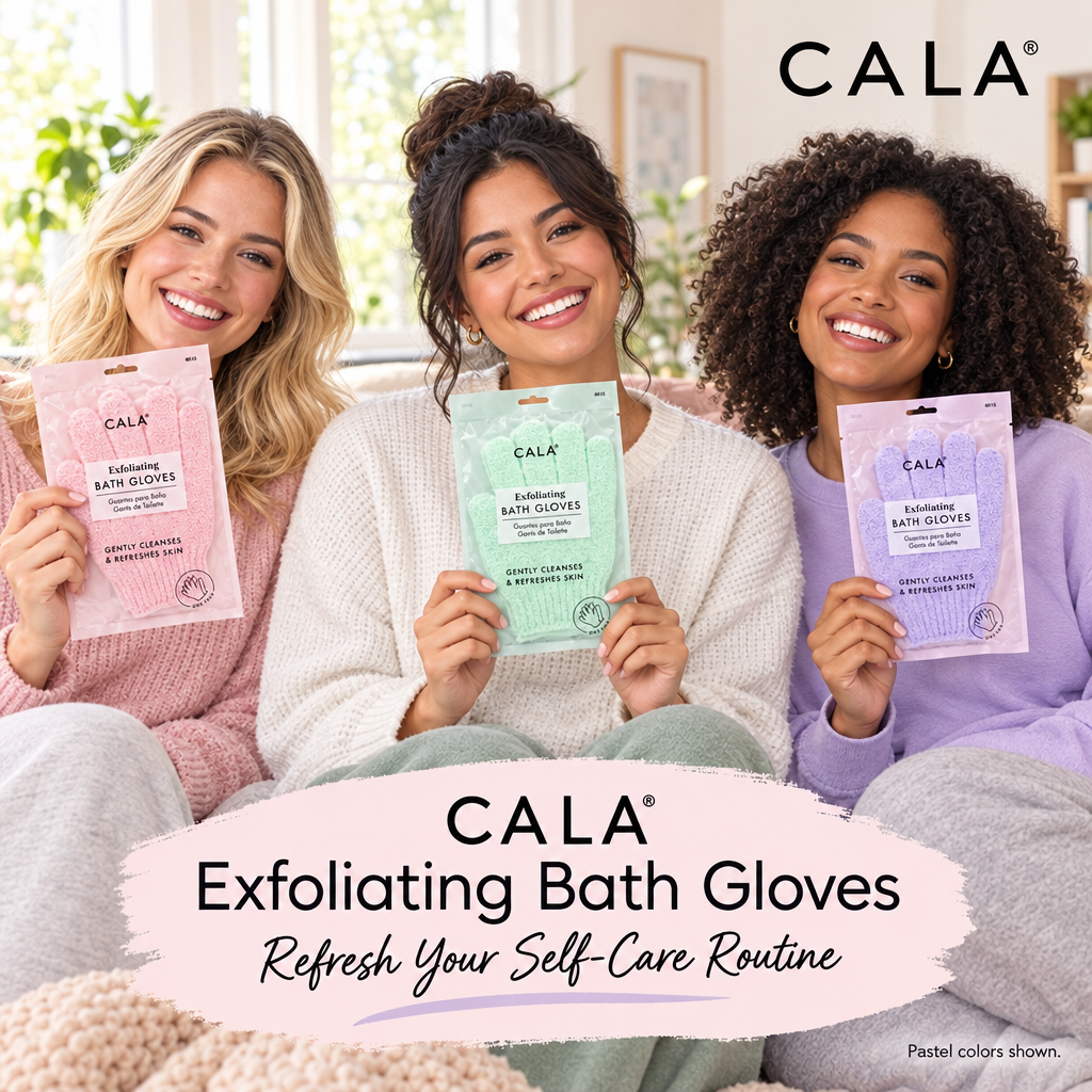 Three women holding pink, mint, and lavender CALA exfoliating bath glove packages.