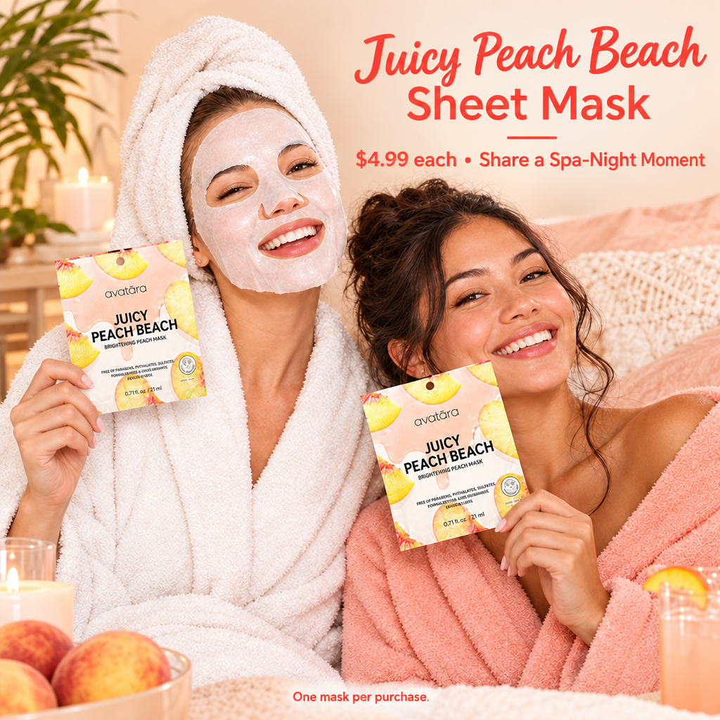Two women enjoying peach sheet masks during a spa night, one mask per purchase at $4.99.