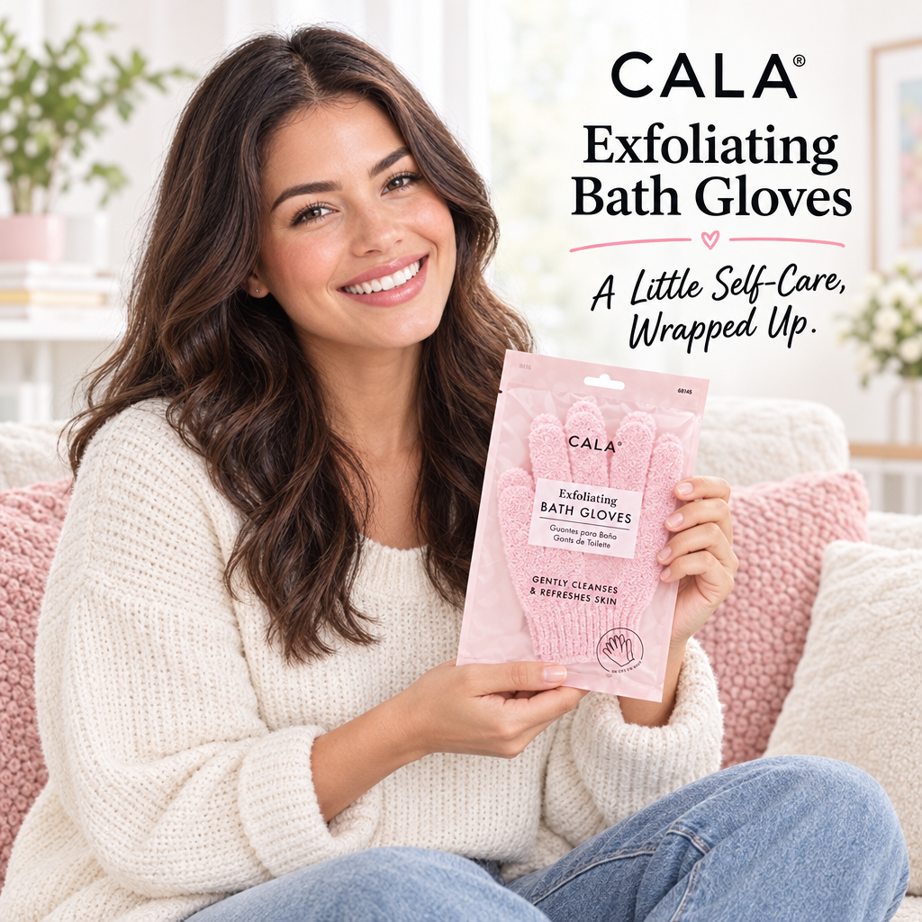 Woman holding CALA exfoliating bath gloves in a living room with self-care gift text.