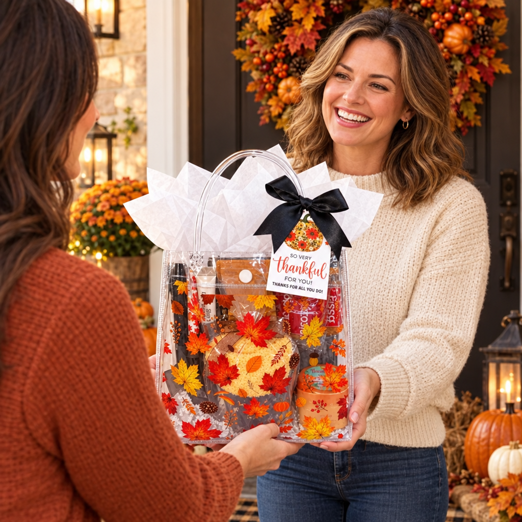 Fall Leaves gift bag given as a Thanksgiving hostess gift