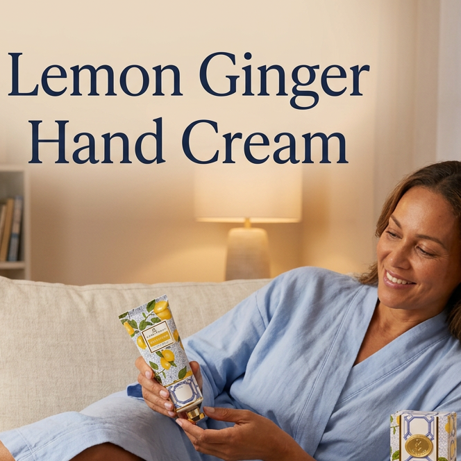 Lemon Ginger Hand Cream in a relaxing self-care setting