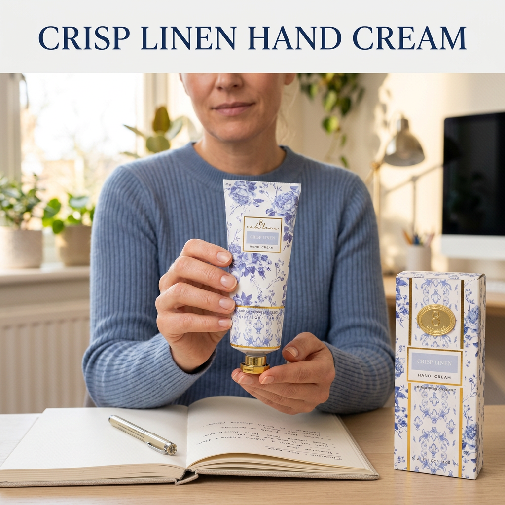 Crisp Linen Hand Cream during a home-office break