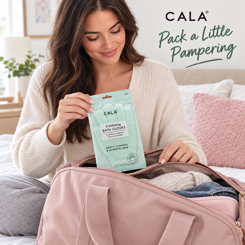 Woman packing CALA exfoliating bath gloves into a weekend bag.