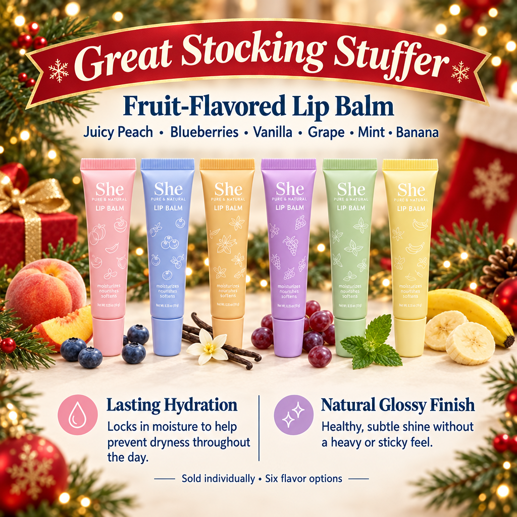 SHE fruit-flavored lip balm options with a Christmas background and Great Stocking Stuffer banner