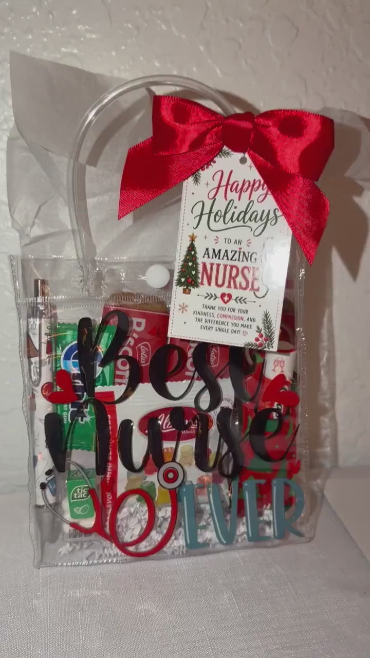 Mini Christmas Nurse Gift Bag with Lip Balm Holder | Nurse Appreciation Holiday Gift, Biscoff, Pen and Sticky Notes | Stocking Stuffer