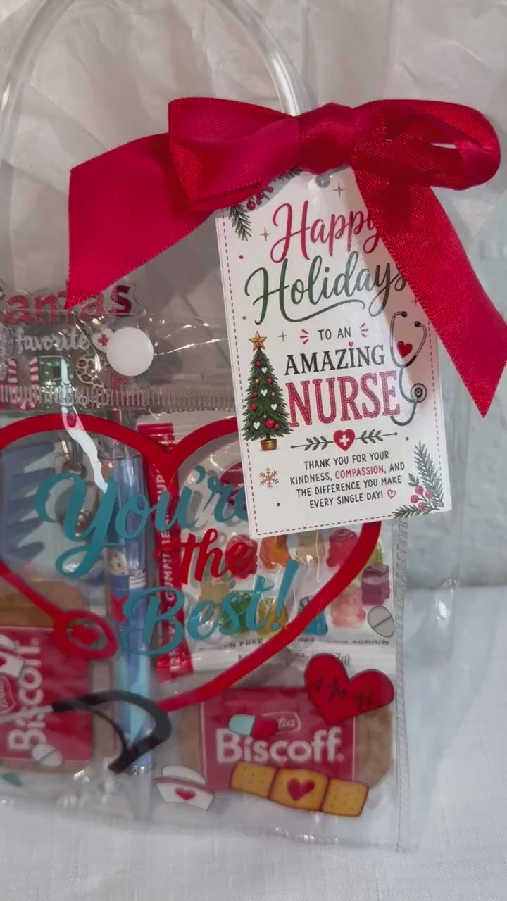 Mini Christmas Nurse Gift Bag | Nurse Appreciation Holiday Gift with Biscoff, Pen and Sticky Notes | Stocking Stuffer for Nurses