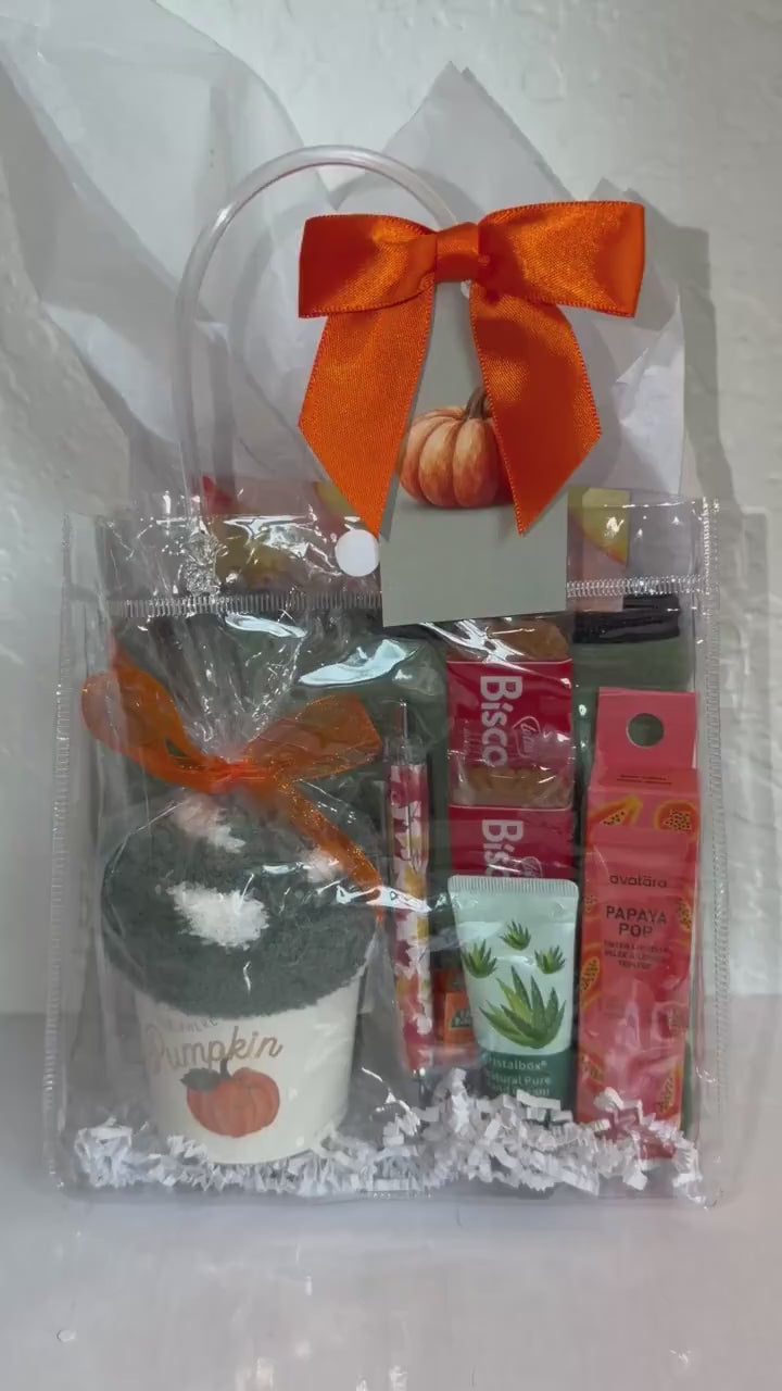 Hey There Pumpkin Friendsgiving Gift Bag | Green and Orange Thanksgiving Self Care Gift for Women with Cozy Socks, Lip Jelly & Face Mask