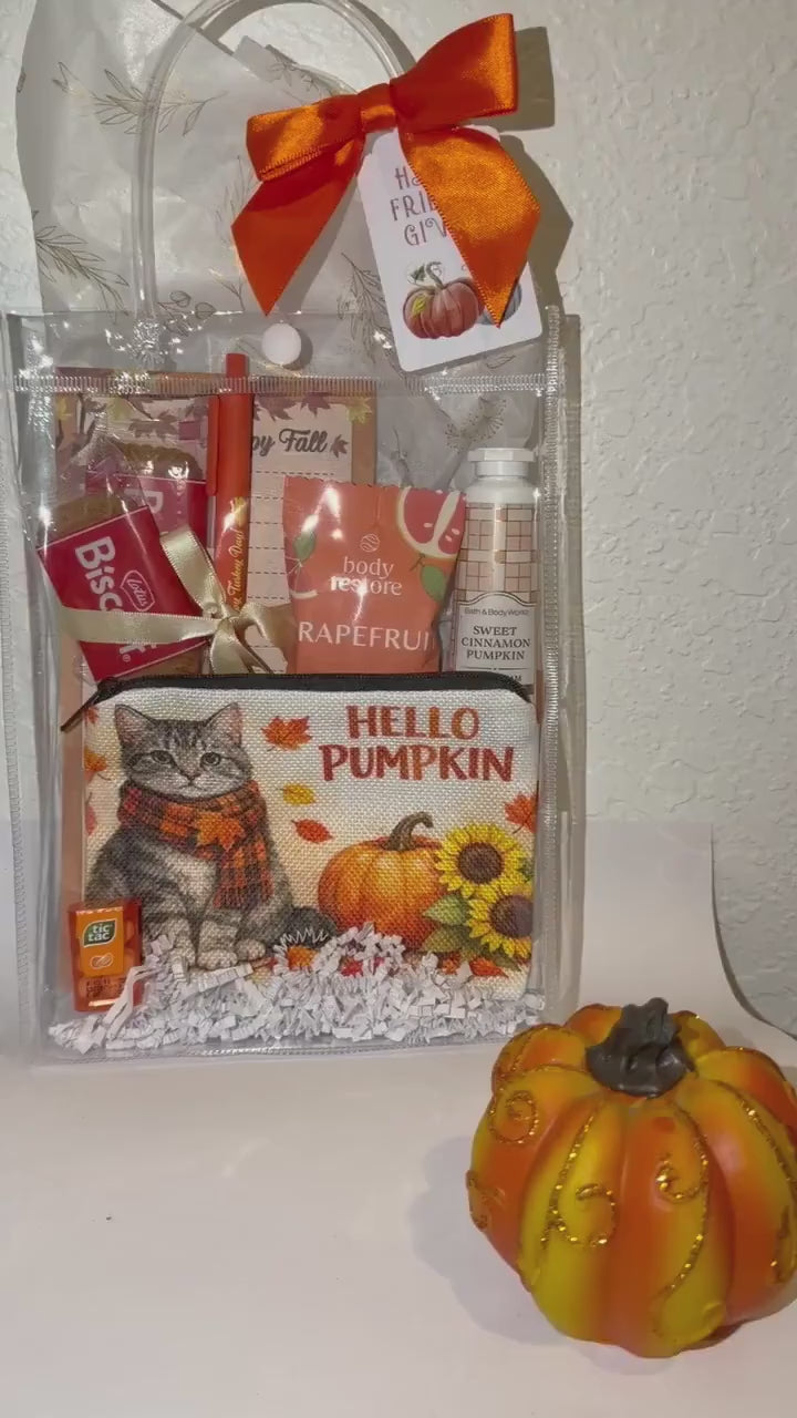 Fall Cat Lover Gift Bag | Hello Pumpkin Gift for Her | Thanksgiving Hostess Gift