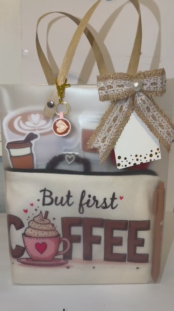 Coffee Lover Gift Bag: Zipper Pouch, Keychain, Pen, Scrunchie, Cookies, Stickers