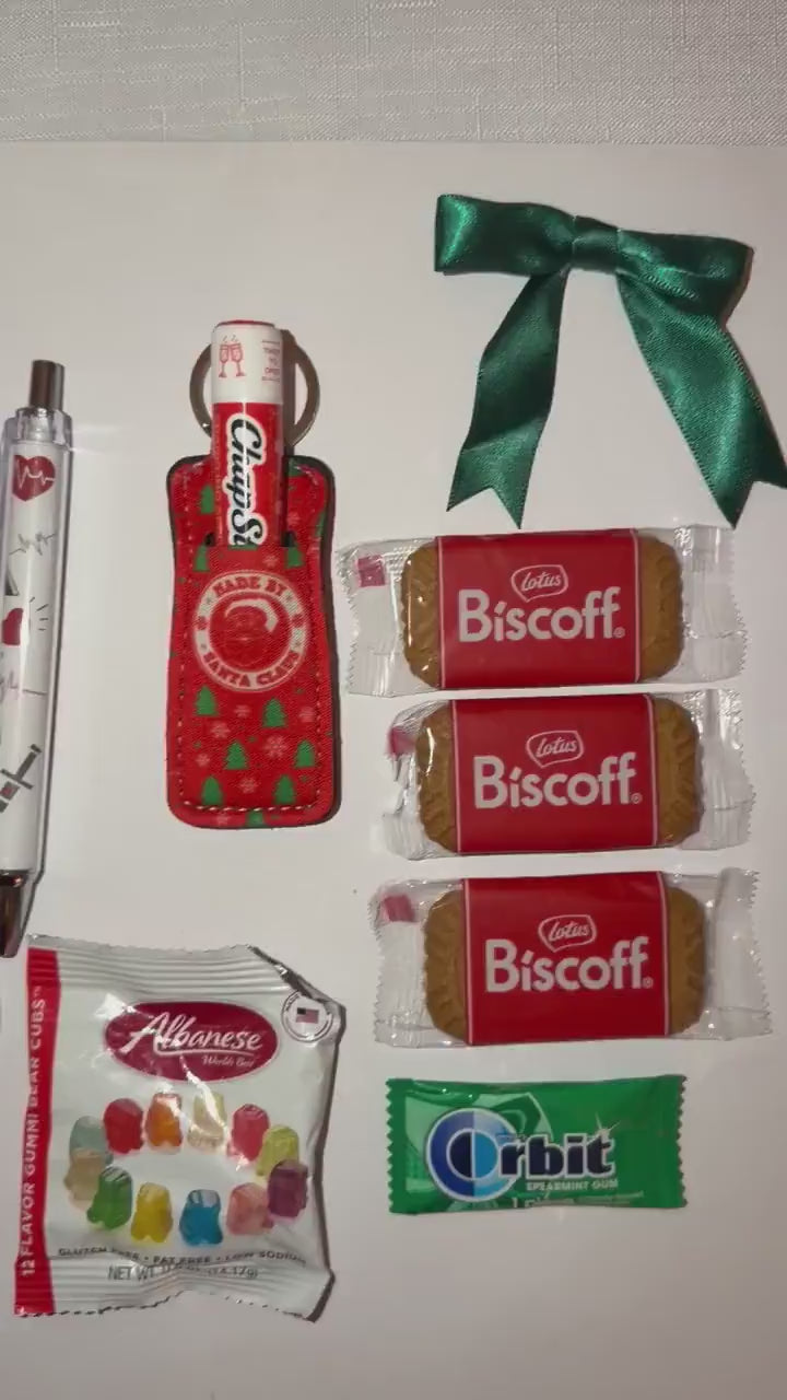 Mini Christmas Nurse Gift Bag with Lip Balm Holder | Nurse Appreciation Holiday Gift, Biscoff, Pen and Sticky Notes | Stocking Stuffer